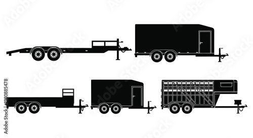Detailed depictions of various utility trailers in black showcasing design and functionality a striking silhouette high quality professional detailed modern