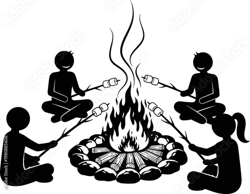 Black vector silhouettes of four friends sitting around a campfire roasting marshmallows on sticks isolated on a white background,
