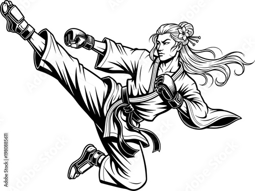 Black and white line art illustration of a female martial artist performing a powerful high kick wearing a traditional kimono,