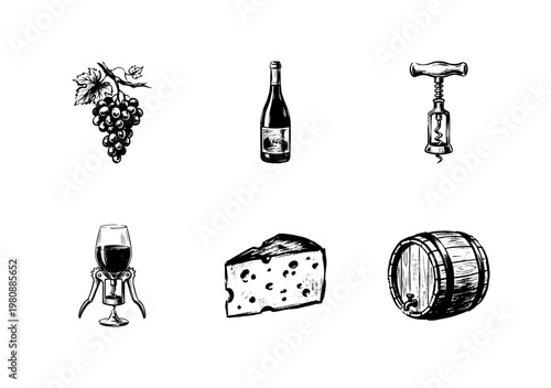 Wine Tasting and Vineyard Elements with Inky Brush Strokes and Fluid Hand-Drawn Ink Aesthetic