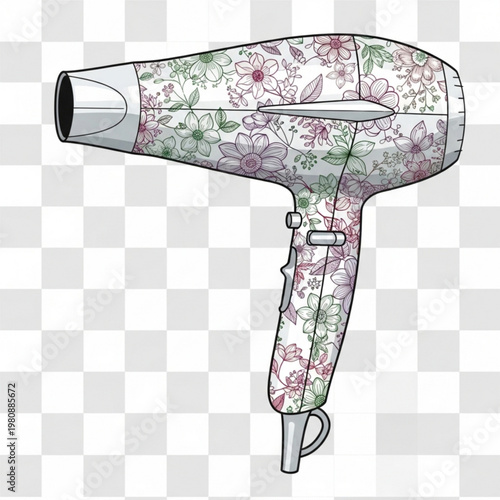 Hair Dryer with Floral Detailing, Decorative Beauty Tool Raster Icon PNG on Clean Solid Background