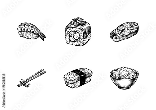 Japanese Sushi and Seafood Cuisine Elements with Inky Doodle and Hand-Drawn Sketchy Aesthetic