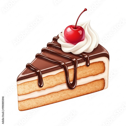 Slice of Cake with Chocolate Drizzle, Cream and Cherry on Top, Dessert Icon PNG on Clean White Background, Raster Illustration