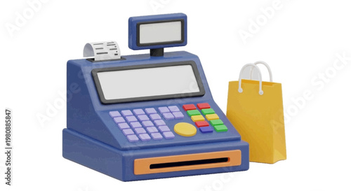 Vector illustration of 3d illustration of a blue cash register with a yellow shopping bag on a transparent background