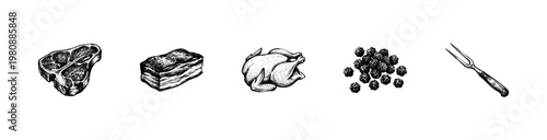 Fresh Meat Cuts and Culinary Herb Seasonings in Hand-Drawn Inky Brushstroke Style for Gourmet Butchery and Cooking