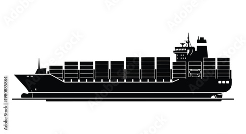 A stark black silhouette of a large container ship at sea displaying stacked cargo holds and a prominent bridge silhouette