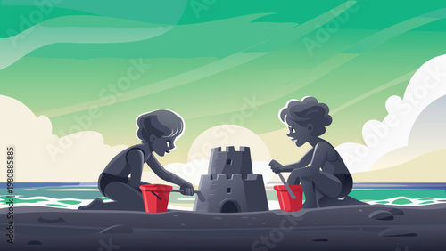 Building Sandcastle Scene Vector Illustration of