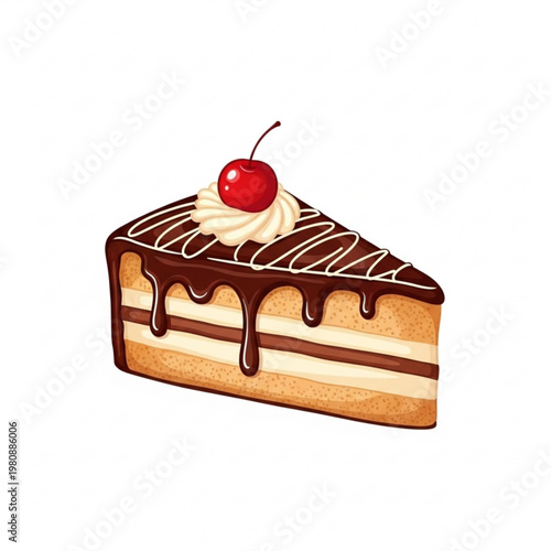 Slice of Cake with Chocolate Drizzle, Cream and Cherry on Top, Dessert Icon PNG on Clean White Background, Raster Illustration