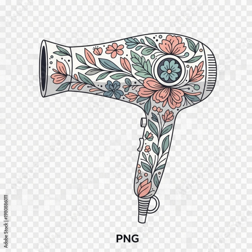 Hair Dryer with Floral Detailing, Decorative Beauty Tool Raster Icon PNG on Clean Solid Background