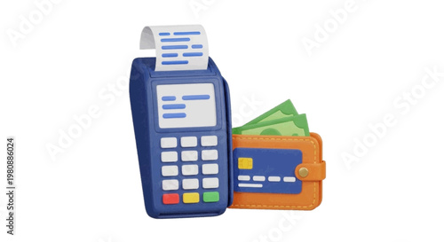 Vector illustration of 3d render of a payment terminal with a wallet, credit card, and cash on a transparent background