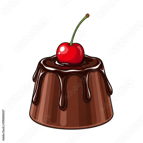 Small Pudding with Chocolate Topping and Cherry on Clean White Background, Dessert Vector Icon PNG