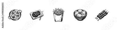 Fast Food and Gourmet Dinner Dishes with Inky Doodle and Hand-Drawn Sketchy Aesthetic