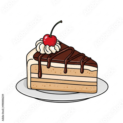 Slice of Cake with Chocolate Drizzle, Cream and Cherry on Top, Dessert Icon PNG on Clean White Background, Raster Illustration