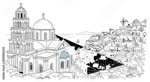 Traditional Greek Orthodox Church With Blue Domes In Santorini Village Oia Overlooking Aegean Sea Vintage Architecture Vector Illustration Isolated Graphic