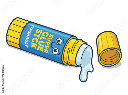 Cartoon glue stick character open with glue oozing out vector illustration