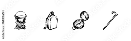 Outdoor Hiking and Camping Adventure Equipment with Hand-Drawn Inky Doodle and Organic Calligraphic Outlines