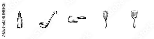 Kitchen Utensils and Professional Cooking Equipment with Hand-Drawn Inky Doodle and Artistic Chalkboard Aesthetic