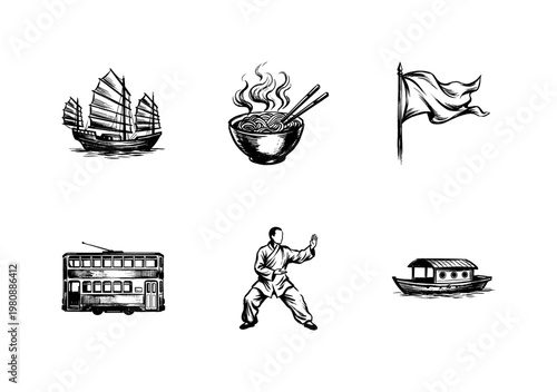 Traditional Hong Kong Cultural Elements and Oriental Heritage Landmarks with Inky Brush Strokes and Hand-Drawn Sketchy Style