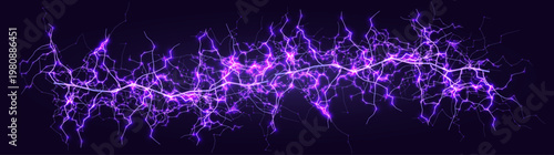 Realistic Magenta Lightning Bolt on Dark Background. Isolated Light Flare Electric Energy Power Line. Thunderbolt Flash Strike, Shock Spark, Electricity Current. Vector Illustration.