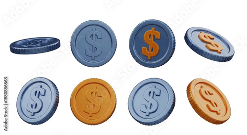 Vector illustration of set of 3d dollar coins in gold and silver colors on a transparent background