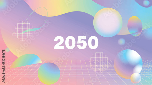 Number 2050 on a pastel gradient background, with floating 3, d spheres, grid, lines, and year