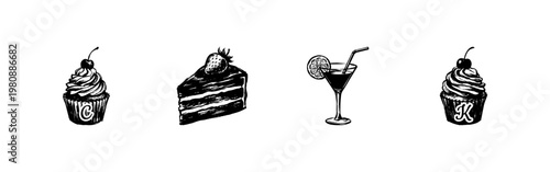 Restaurant Food and Fine Dining Gourmet Menu Elements with Hand-Drawn Sketchy Style and Fluid Engraving Style