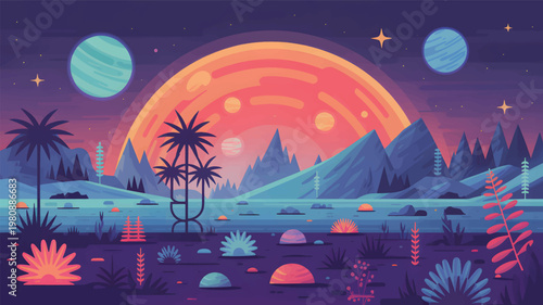 Alien landscape with giant orange sun, blue mountains, palm trees, and planets in a starry night sky