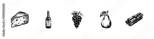 Gourmet Wine and Cheese Tasting Appetizers with Inky Brush Strokes and Hand-Drawn Sketchy Aesthetic