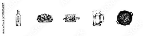 Rustic Kitchenware and Cooking Ingredients Food Elements with Hand-Drawn Inky Doodle and Organic Sketch Aesthetic