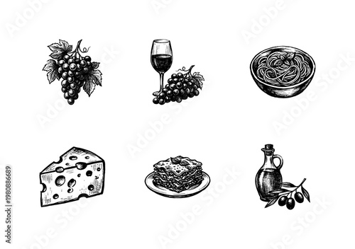 Italian Cuisine and Mediterranean Food Ingredients with Hand-Drawn Inky Brush Strokes and Sketchy Organic Fluid Outlines