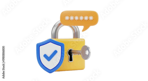 Vector illustration of 3d render of a yellow padlock with a shield, checkmark, and password bubble on a transparent background