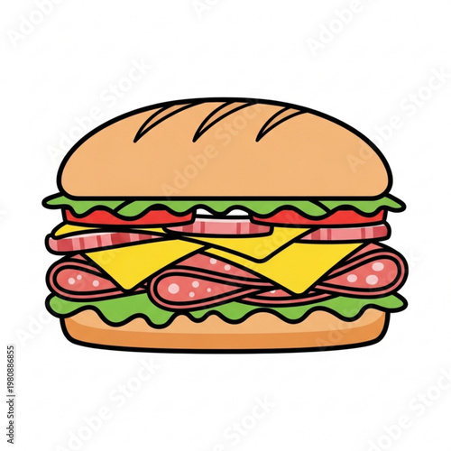 Layered Sandwich with Meat, Cheese and Lettuce on Clean White Background, Fast Food Vector Icon PNG