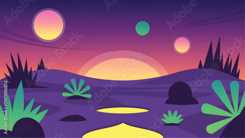 Alien landscape with purple hills, glowing yellow pools, three moons, and stylized desert plants