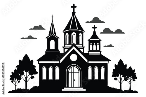 church silhouette line art vector illustration