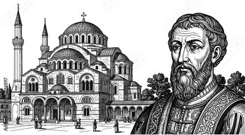 Byzantine Hagia Sophia Cathedral In Istanbul With Portrait Of Historic Emperor Or Architect Vintage Architecture Vector Illustration Isolated On White