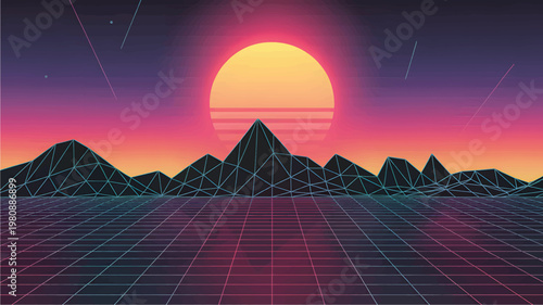 Retro synthwave landscape with wireframe mountains, glowing sun, and a digital perspective grid