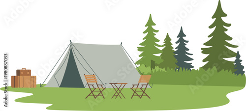 Camping scene vector illustration, tent with chairs and forest landscape for outdoor travel, adventure, nature tourism