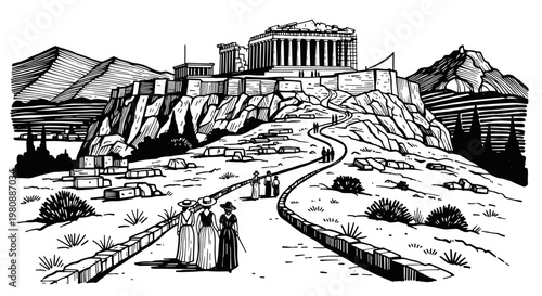 Ancient Greek Parthenon Temple At Acropolis Of Athens With People Walking On Path Vintage Architecture Vector Illustration Isolated On White