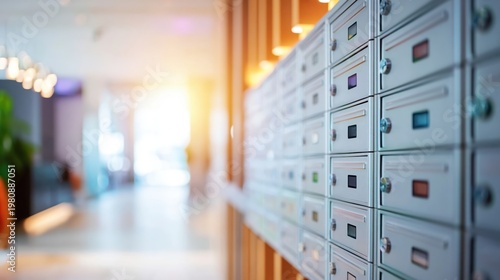 Row of metal mailboxes in a modern apartment lobby with soft light.