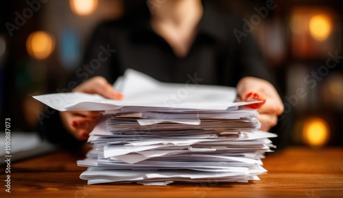 Businesswoman's hands holding and managing a large stack of documents and papers on a wooden table