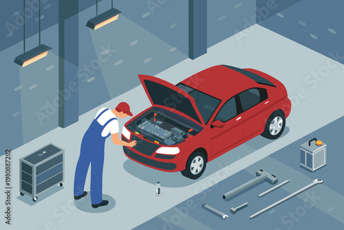 Schilderij op canvas Car Engine Repair in Workshop Scene Vector Illust