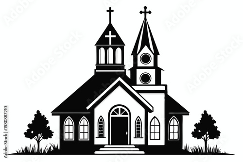 church silhouette line art vector illustration