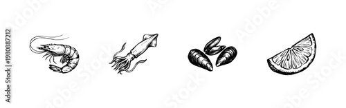 Fresh Seafood Elements and Mediterranean Ingredients with Hand-Drawn Sketchy Textures and Fluid Engraving Style