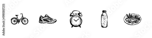 Healthy Lifestyle and Fitness Wellness Elements with Hand-Drawn Inky Brush Strokes and Organic Freehand Ink Style