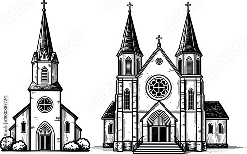 Orthodox Christian Church Buildings Set With Onion Domes Bell Towers And Crosses Vintage Russian Architecture Vector Illustration Isolated On White