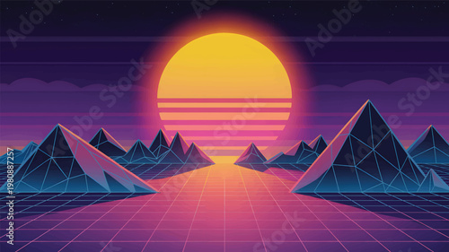 Synthwave landscape with a large yellow sun, glowing grid floor, and low-poly blue mountain peaks
