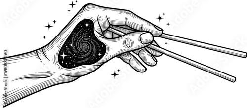 Human Hand Holding Chopsticks With Galaxy Space Portal Inside Palm Creative Surreal Cosmic Vector Illustration Isolated On White Background Graphic