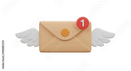 Vector illustration of 3d render of a flying envelope with wings and a notification badge on a transparent background