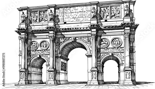 Detailed black and white sketch of the Arch of Constantine in Rome, Italy, historic Roman triumphal arch vector architectural illustration.