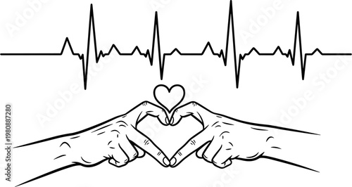 Two Hands Making Heart Shape Gesture With Heartbeat Line EKG Pulse Wave Vector Illustration For Medical Health Love Concept Isolated
